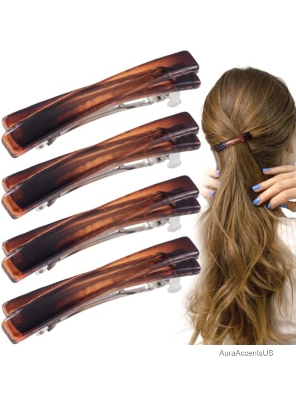 4 French Barrette Hair Clips for Women Tortoise Shell Metal Spring Glossy Thin